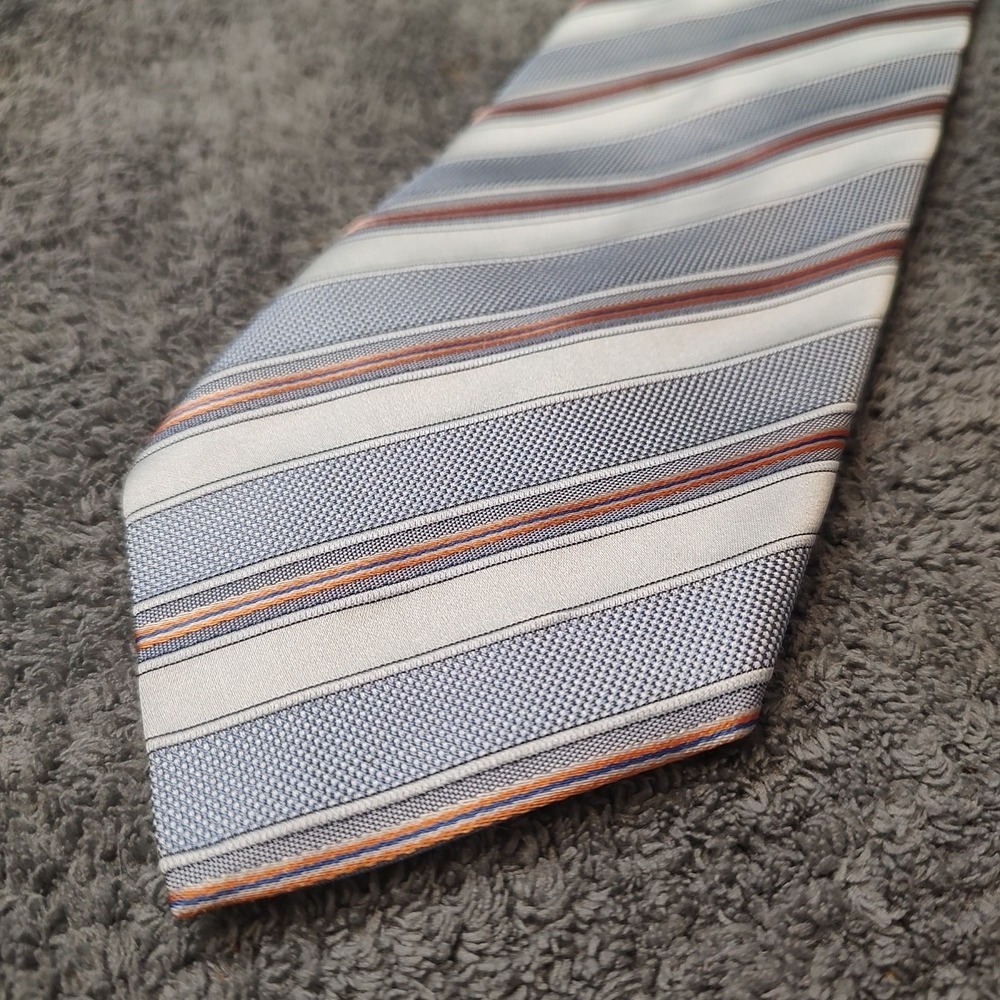 Men 100% Silk Tie Made Italy Textured Silver Blue Orange Stripe Business Formal